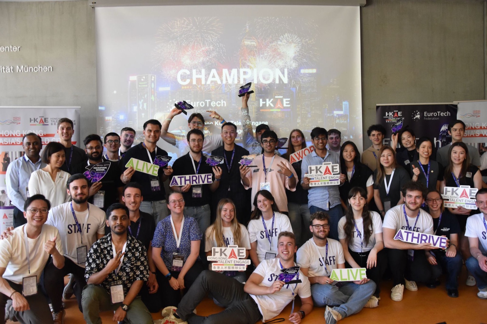Hackathon winners celebrating with EuroTech and Hong Kong Talent Engage